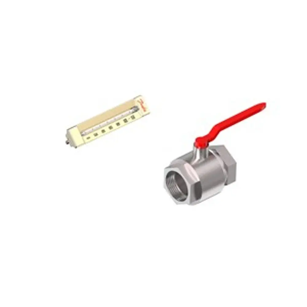 Danfoss Absperrklappe mit rotem Griff und Edelstahlgehäuse, daneben ein Messgerät.